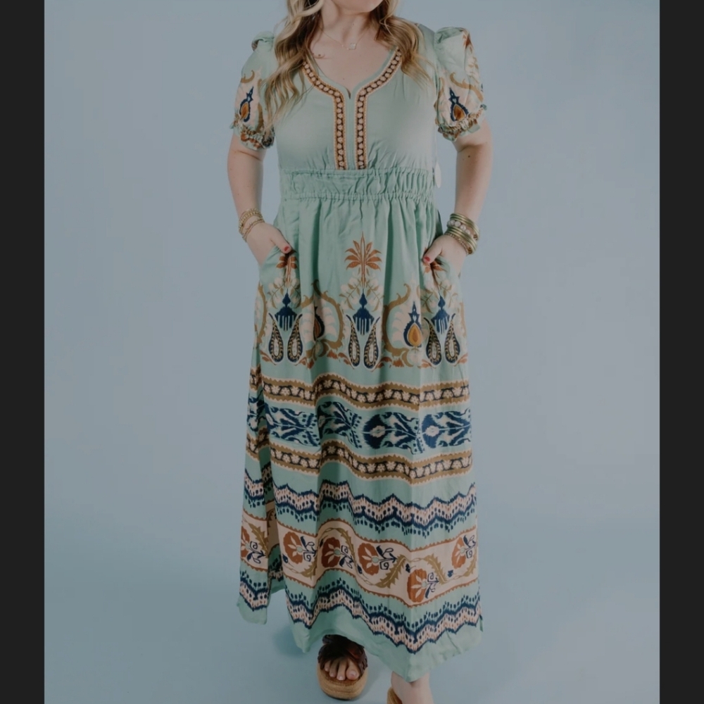 Mint Green Boho Maxi Dress with Embroidered Print